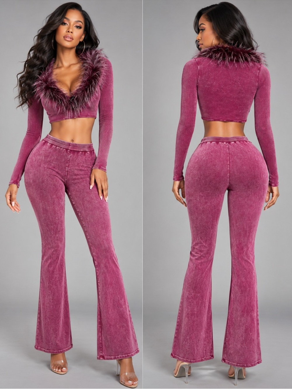 Faux-Fur Trim Washed Burgundy Flare Pants Set